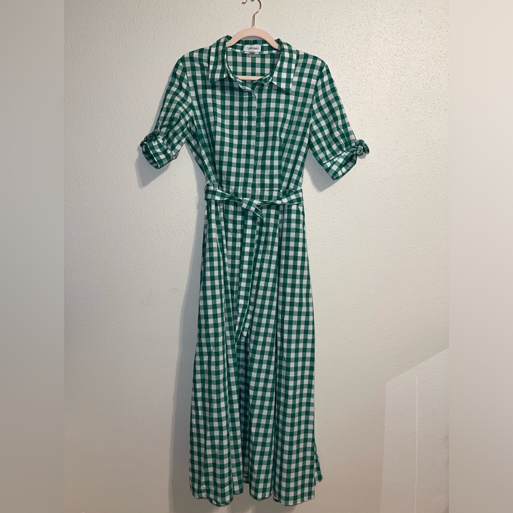 Calvin Klein Green and White Cuffed Sleeve Shirt Dress